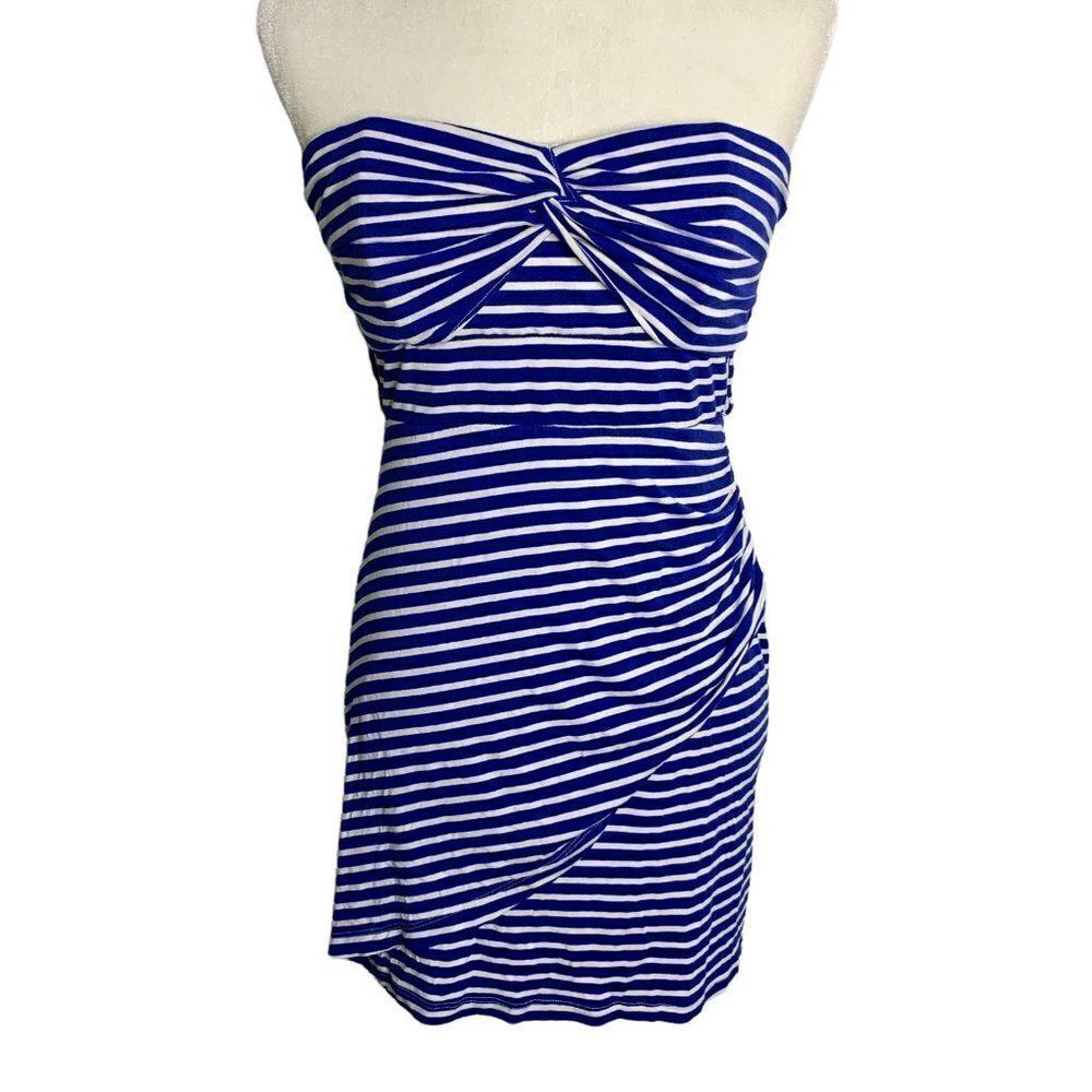 VaVa by Joy Han Strapless Mini Dress S Blue White Stripe Boning Zip Empire Waist